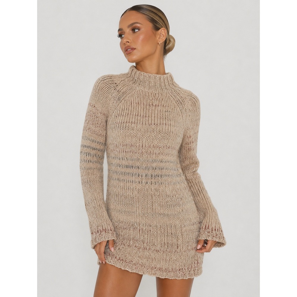 Helmut Lang Alpaca Wool Cashmere Chunky Knit Mock Neck Sweater Tunic Tan S